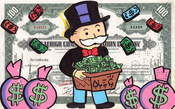 Monopoly holding $box with pink $ bags by Alec Monopoly - Signature Fine Art